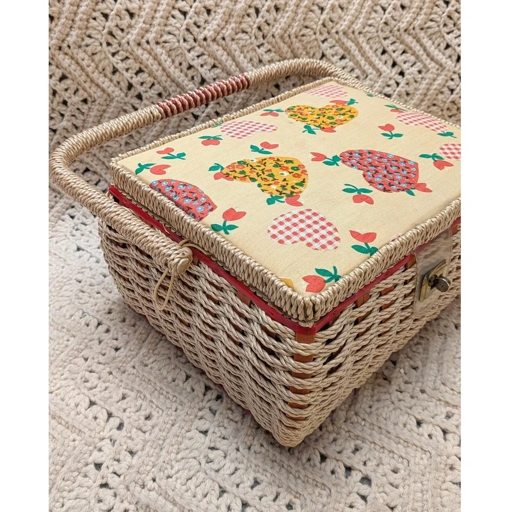 Vintage Wicker Sewing Basket Fun Retro Heart Print Padded Lid Craft Storage